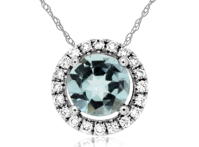 14K White Gold Round Aquamarine Diamond Halo Pendant Necklace