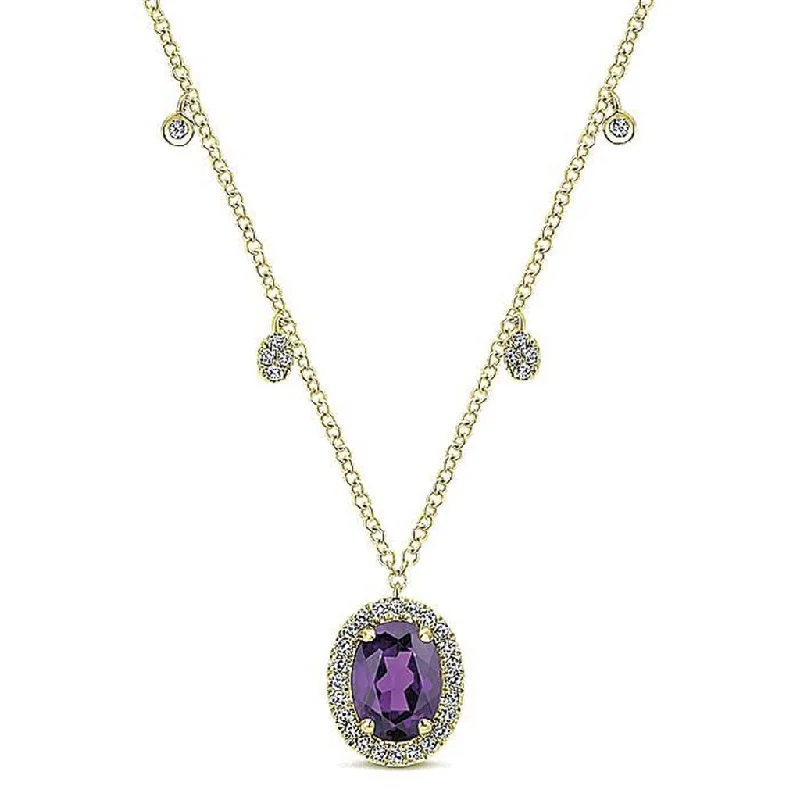 Gabriel & Co. 14k Yellow Gold Amethyst And Diamond Halo Pendant Necklace