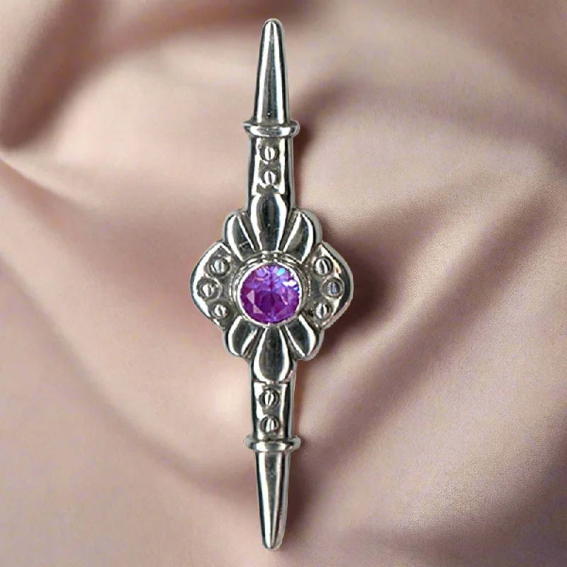 Greek Traditional Flower brooch in Sterling Silver with Zircon (K-04)