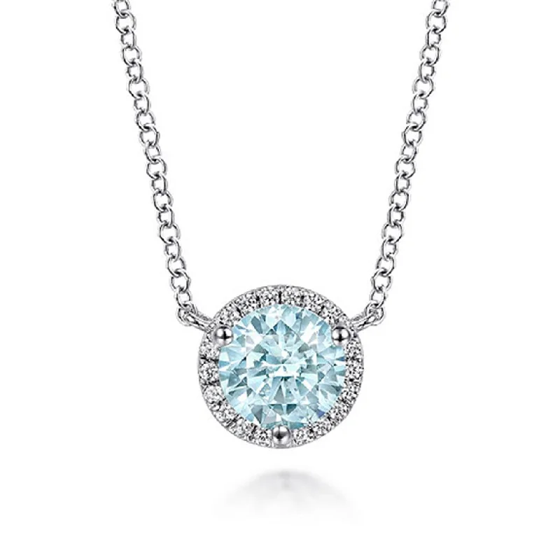 Gabriel & Co. 14k White Gold Round Aquamarine And Diamond Halo Pendant Necklace