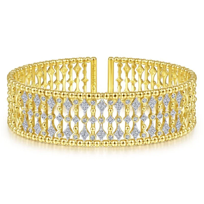 Gabriel & Co. - BG4334-62Y45JJ - Wide 14K Yellow Gold Cage Cuff Bracelet with Diamond Stations