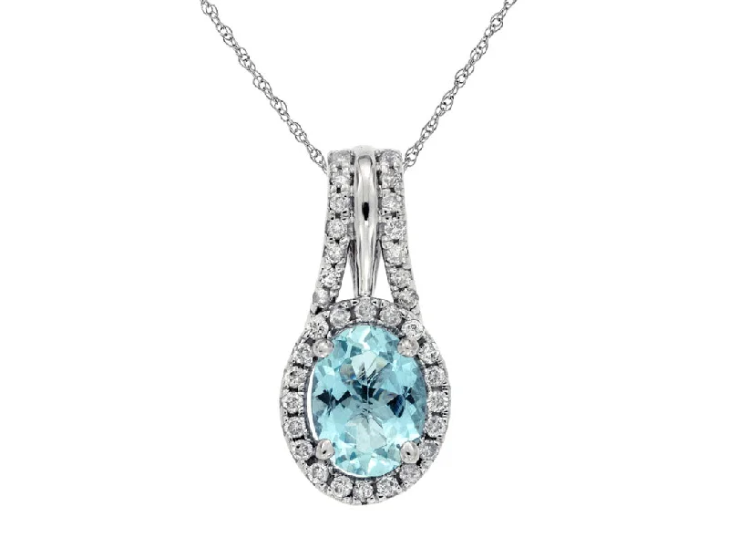 14K White Gold Oval Aquamarine and Diamond Halo Pendant Necklace