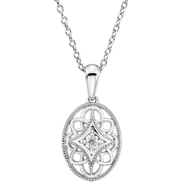 Sterling Silver .03 CTW Diamond Oval Filigree Pendant 18" Necklace