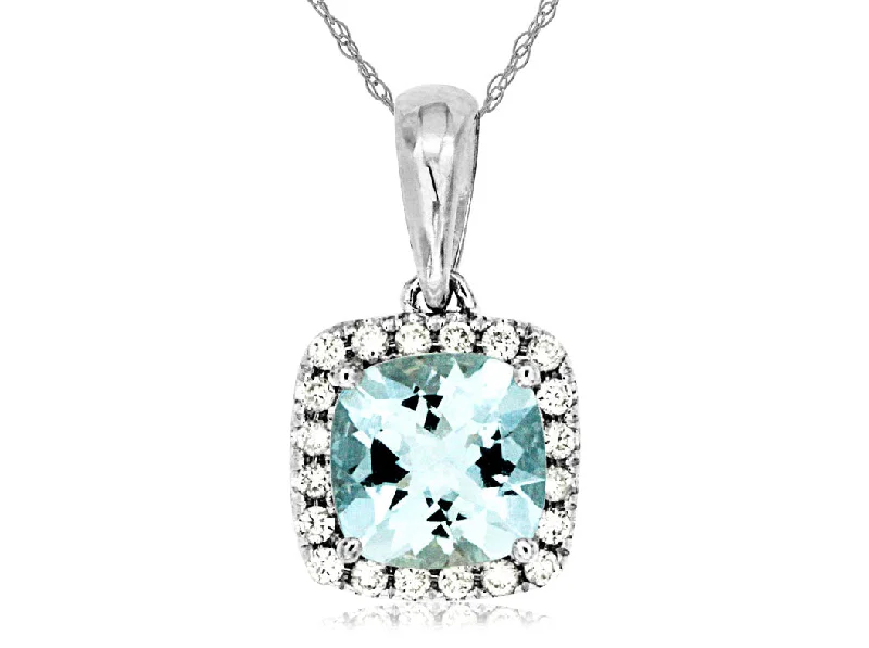 14K White Gold Cushion Cut Aquamarine Diamond Halo Pendant Necklace