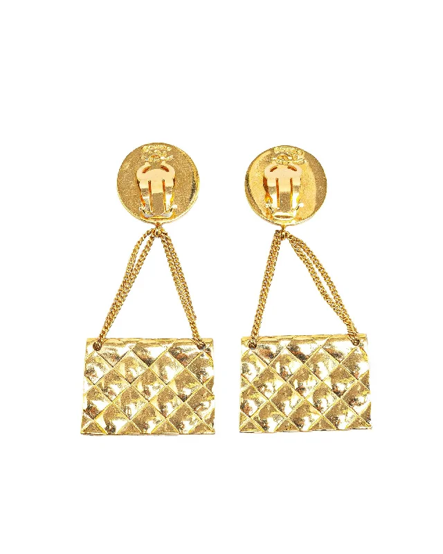 Gold Plated Flap Bag Clip On Earrings