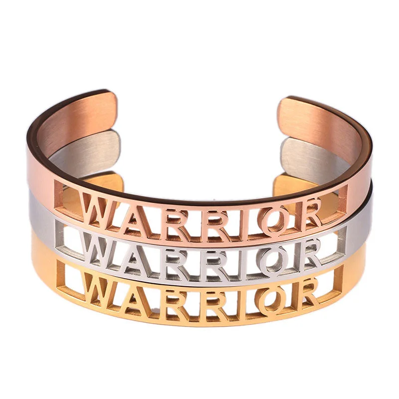 URSJEWELRY 8mm Women Stainless Steel Bangle Bracelet- WARRIOR- Inspirational Engraved Mantra Bracelets- Silver, Gold, Rose Gold