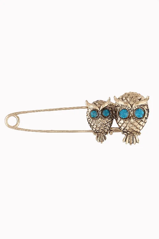 Vintage Style Antique Gold Double Owl Bird Metal Safety Pin Brooch