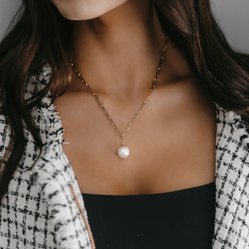 Paper Clip Pearl Drop Necklace