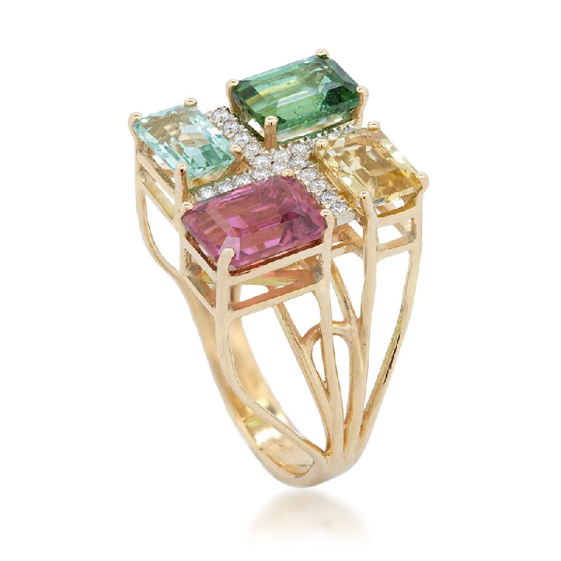 Multi Colored Emerald Cut Tourmaline Ring with Diamonds