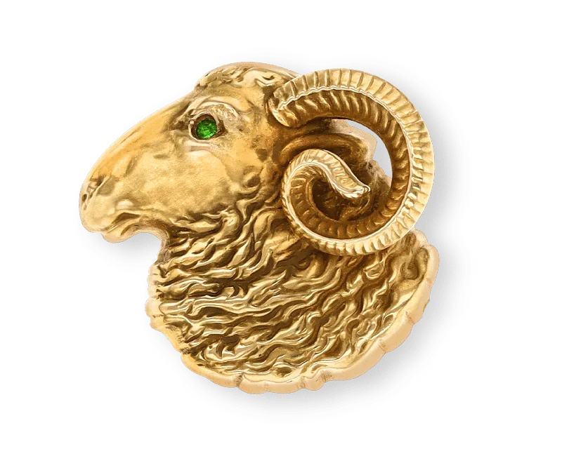 Riker Brothers Gold and Demantoid Garnet Ram's Head Brooch