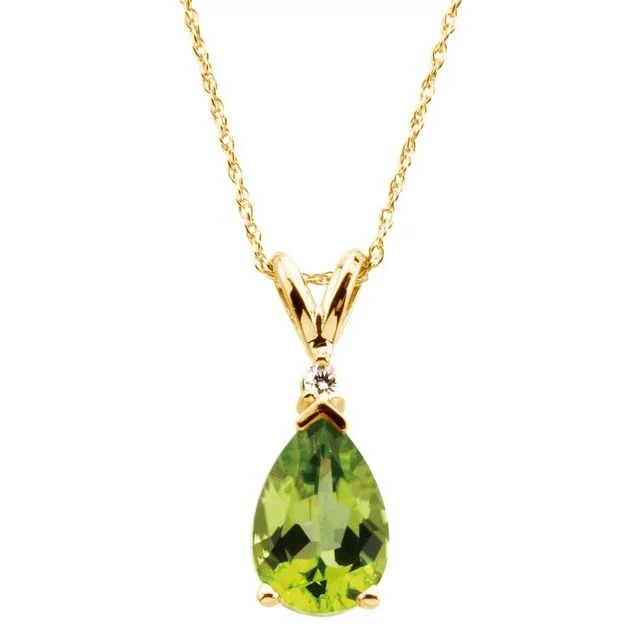 14k Yellow Gold Peridot Pear Teardrop & Diamond 18" Necklace