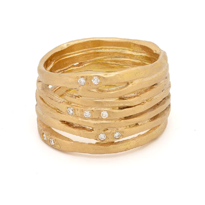 Textured Gold Multi Band Ring with Diamonds