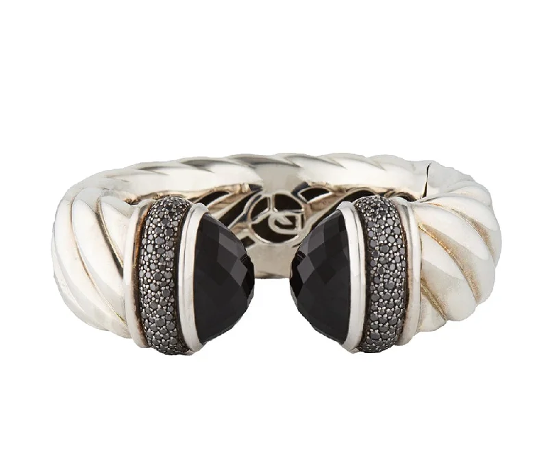 David Yurman Black Onyx and Black Diamonds Wide Waverly Cuff Bracelet inSterling