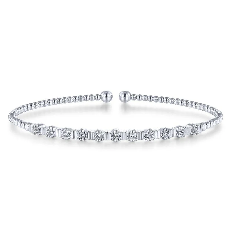 Gabriel & Co. - BG4228-62W45JJ - 14K White Gold Bujukan Bead Cuff Bracelet with Diamond Stations