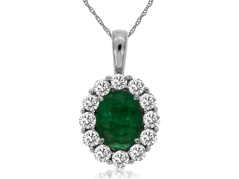 14K White Gold Oval Emerald with Diamond Halo Pendant Necklace