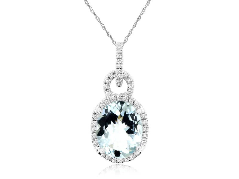 14K White Gold Oval Aquamarine Diamond Halo Pendant Necklace