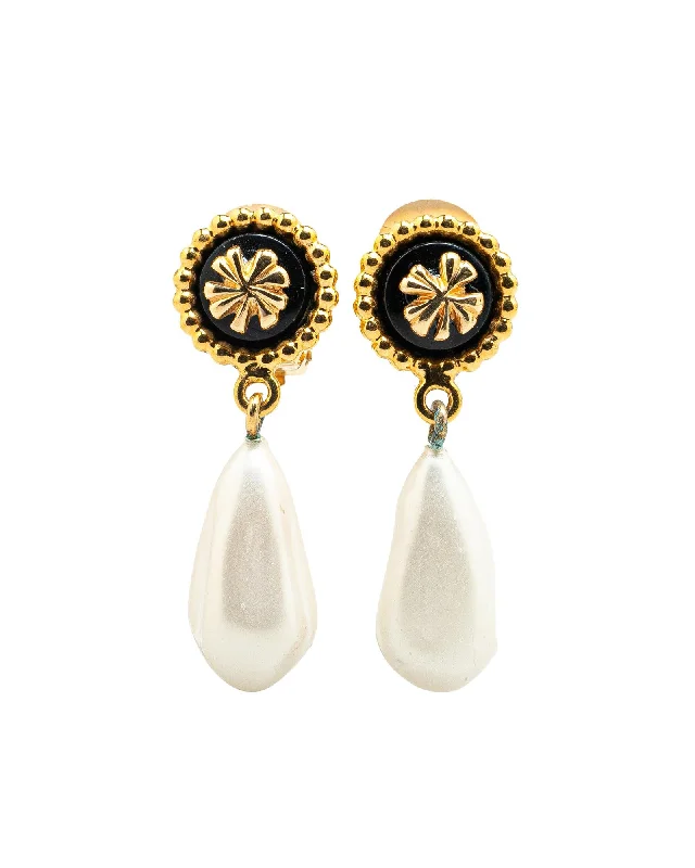 Gold Plated Clover Faux Pearl Drop Earrings with Clip-On Closure