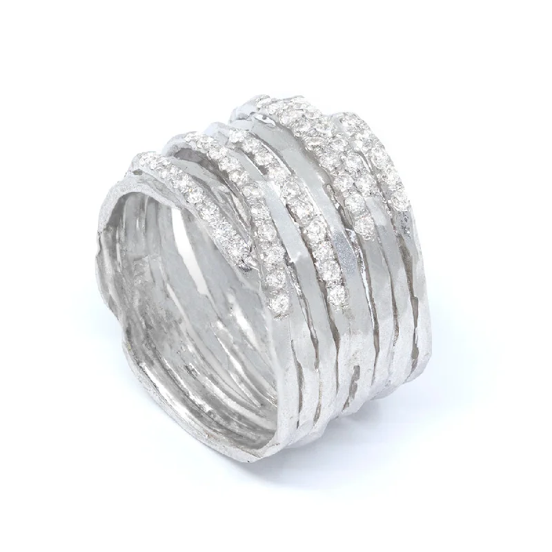 Textured White Gold Overlap Multi Band Ring with Diamonds