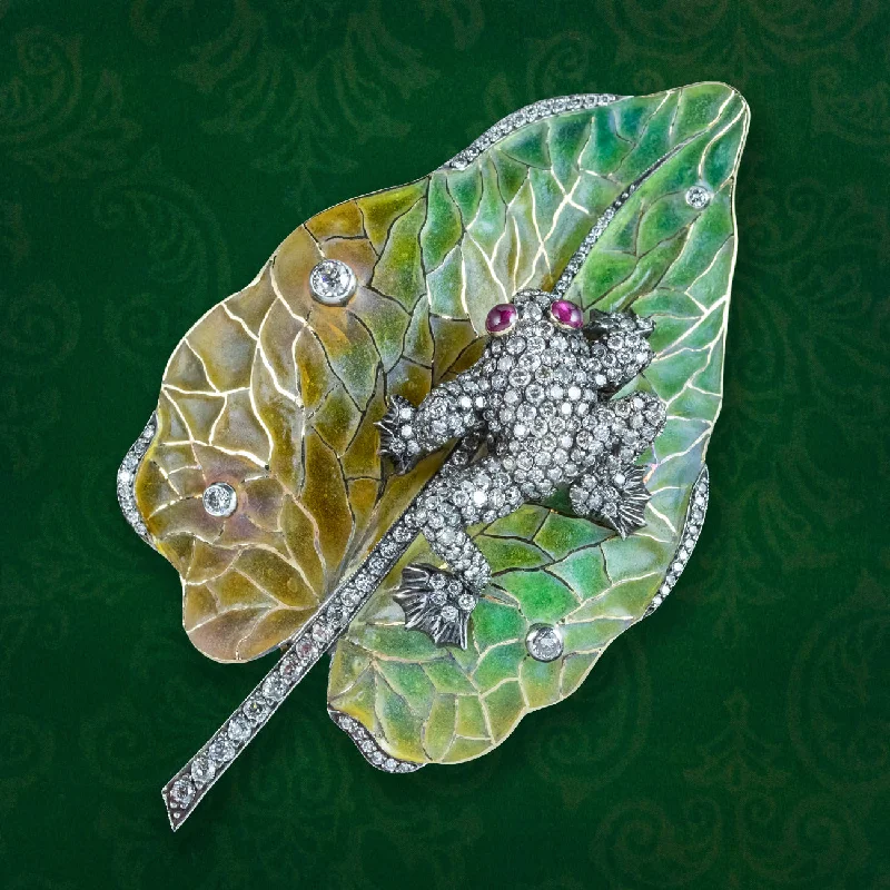 Vintage Moira Plique A Jour Diamond Ruby Frog On Leaf Brooch With Box