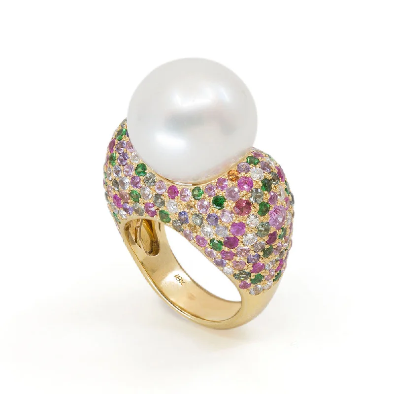 South Sea Pearl Ring with Multicolored Gemstones & Diamonds