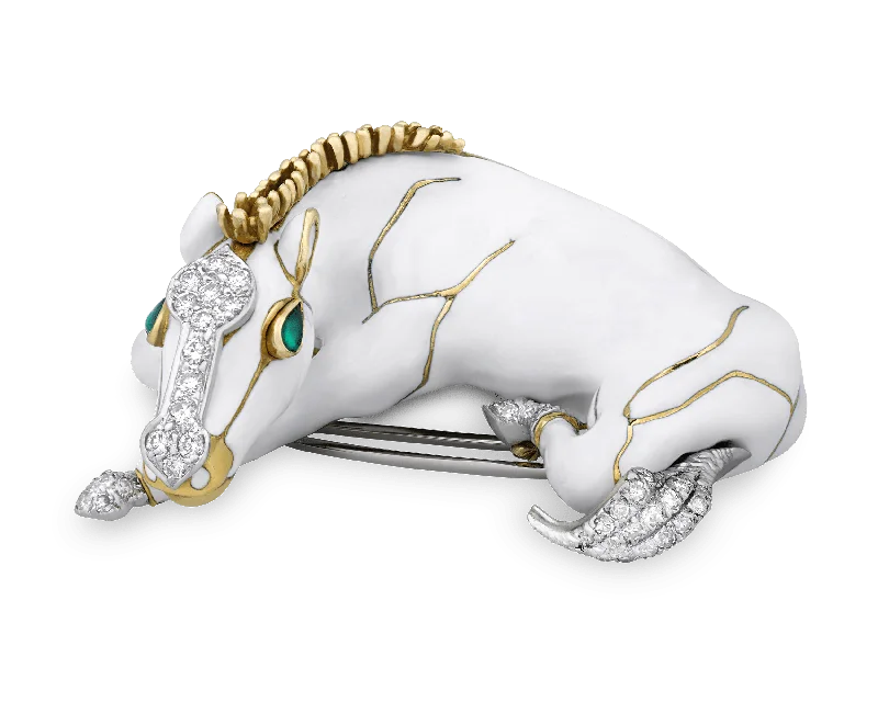 David Webb White Enamel, Pavé Diamond and Emerald Horse Brooch