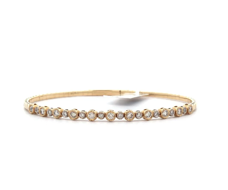 New 0.68ctw Diamond Bezel Set Milgrain Beaded Flex Bangle Bracelet in 14K