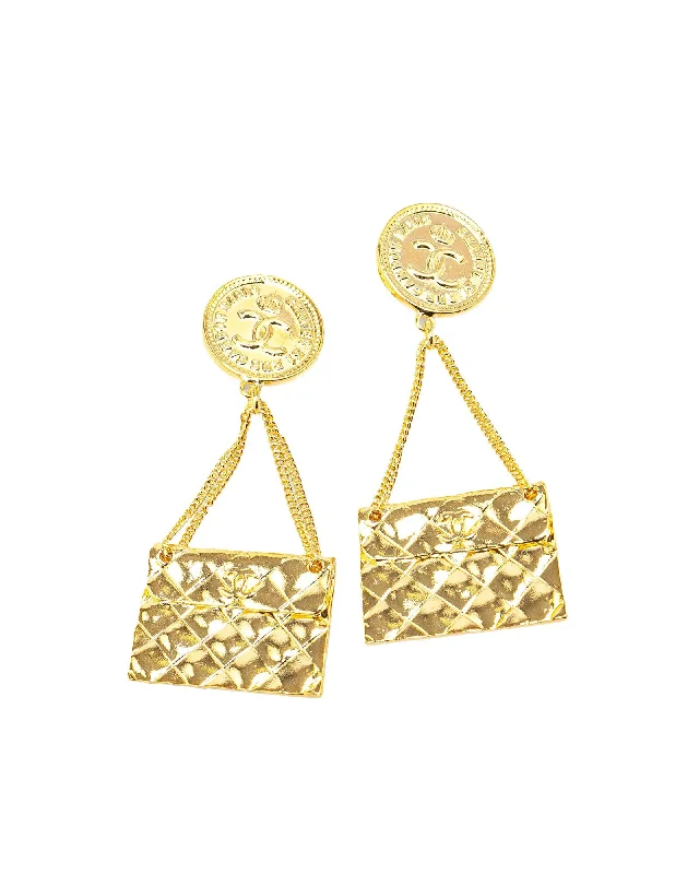 Gold Plated Flap Bag Clip On Earrings