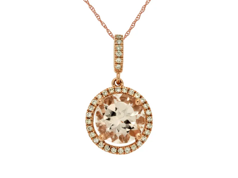 14k Rose Gold Morganite and Diamond Halo Pendant Necklace