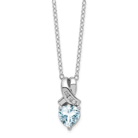 Sterling Silver Genuine Aquamarine Heart and Diamond Necklace