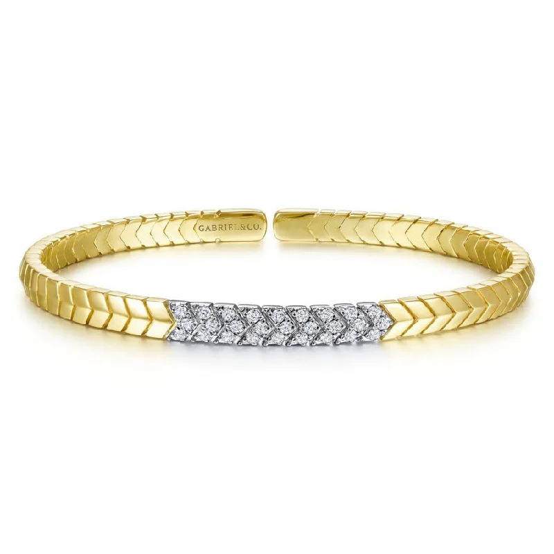 Gabriel & Co. - BG4383-65M45JJ - 14K Yellow Gold Chevron Cuff Bracelet with White Gold Diamond Pavâ€š Station