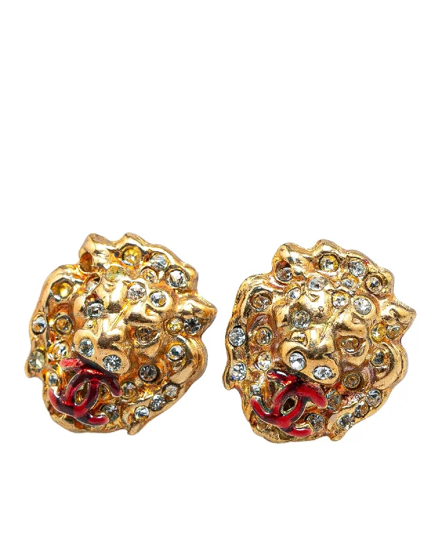 Gold Plated Rhinestones Lion Head Push Back Earrings