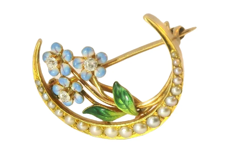 Victorian Estate 14K Yellow Gold Moon Seed Pearl Enamel Diamond Brooch Pin