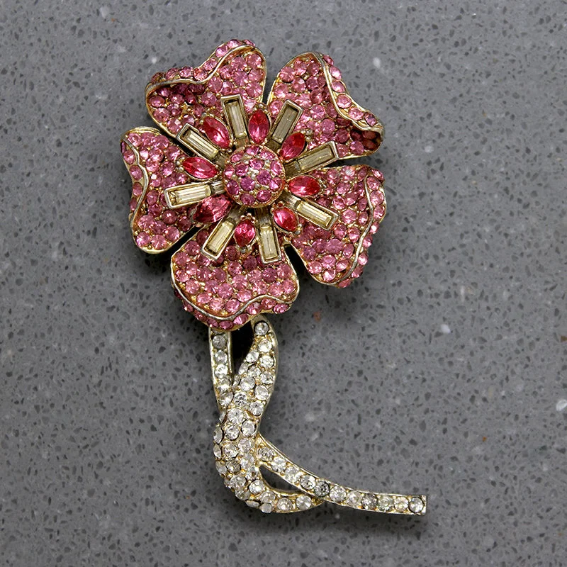 Cheerful Pink & White Rhinestone Flower Brooch