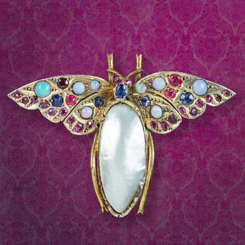 Antique Victorian Butterfly Brooch Mabe Pearl Ruby Sapphire Opal