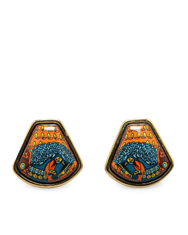 Cloisonne Enamel Clip-On Earrings with Gold-Plated Hardware