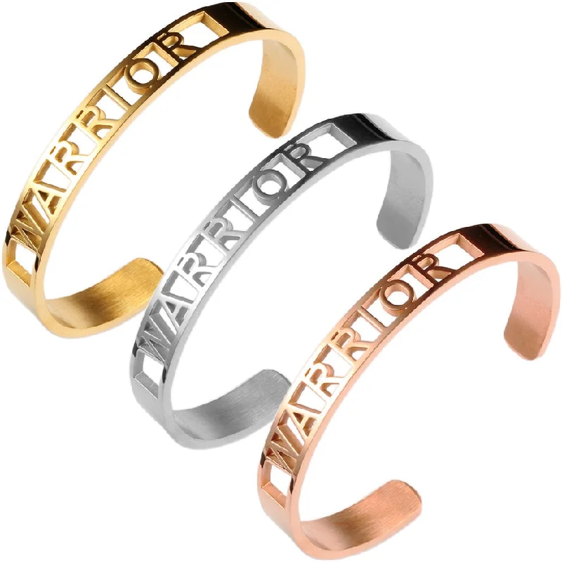 Carvort 8mm Women Stainless Steel Bangle Bracelet- WARRIOR- Inspirational Engraved Mantra Bracelets- Silver, Gold, Rose Gold