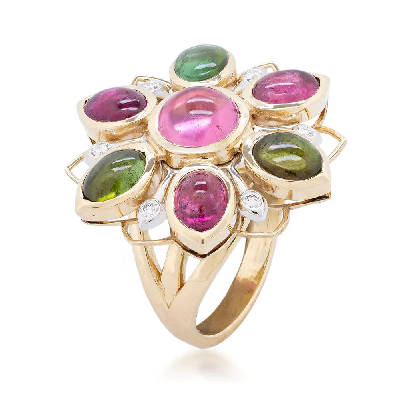 Red & Green Tourmaline Flower Cocktail Ring with Diamonds