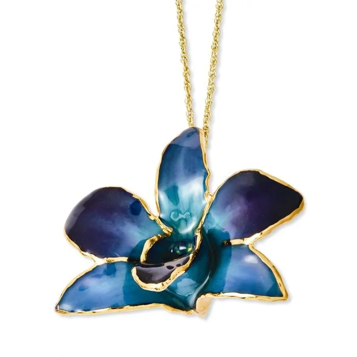 Lacquer Dipped Gold Trimmed Blue and Purple Dendrobium Real Orchid Necklace