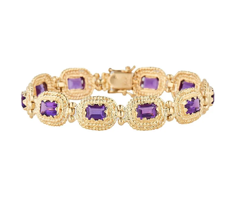 13.0ctw Emerald Cut Amethyst Double Rope Frame Station Bracelet in 14K