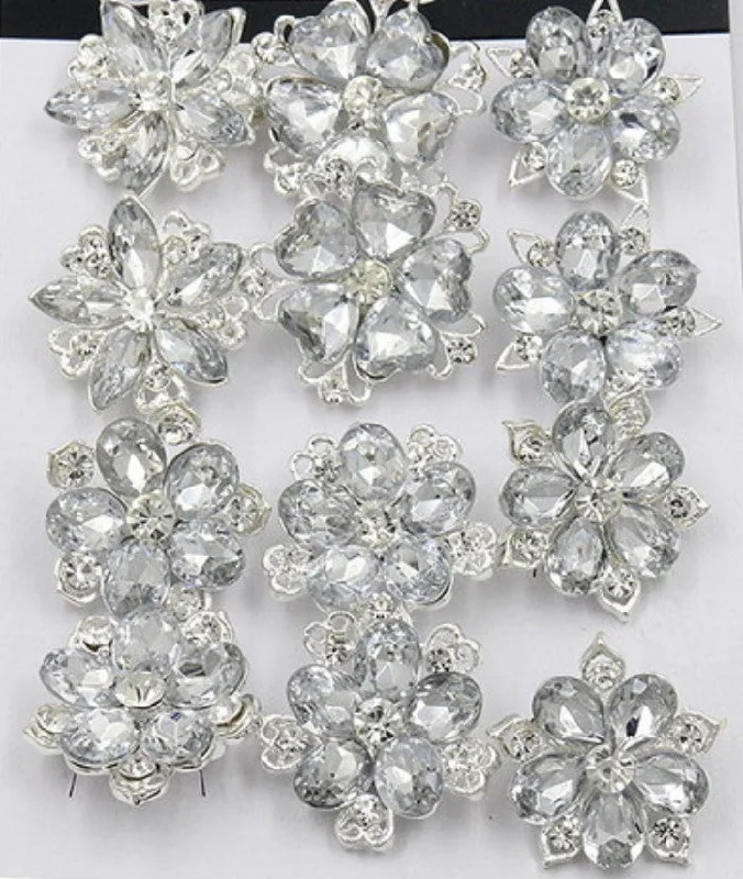 12 Pcs of Silver Rhinestone Flower Brooch BR-034