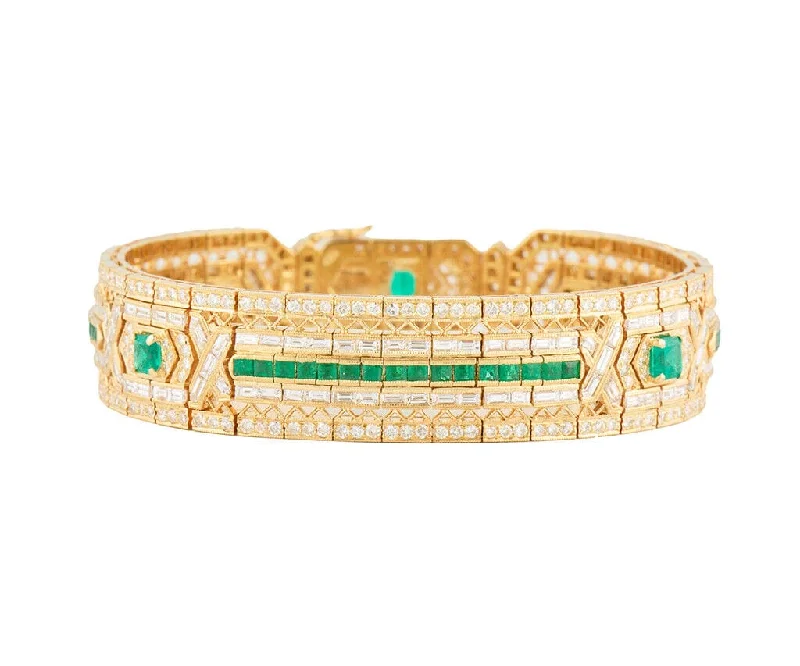 2.25ctw Emerald and 7.00ctw Diamonds Art Deco Link Bracelet in 18K