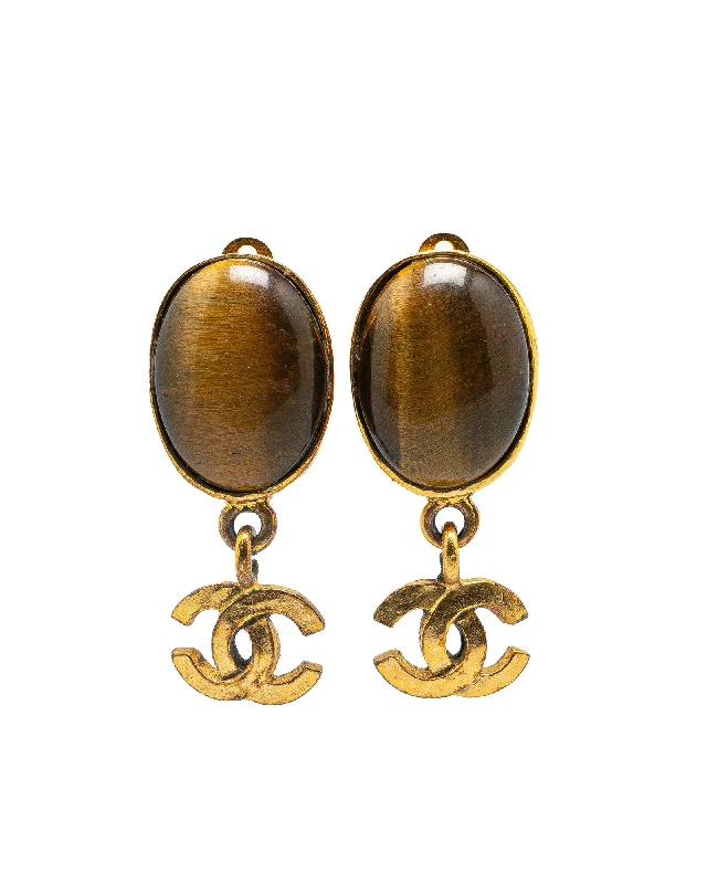 Gold Plated Tigers Eye Swing Clip On Earrings