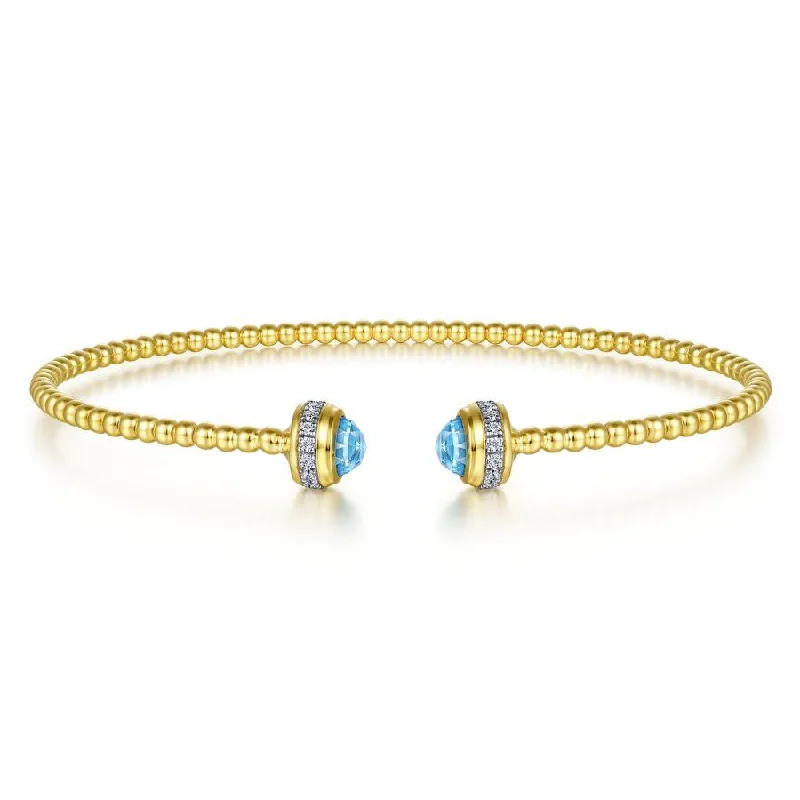 Gabriel & Co. - BG4619-62Y45BT - 14K Yellow Gold Diamond and Blue Topaz Bujukan Open Bangle