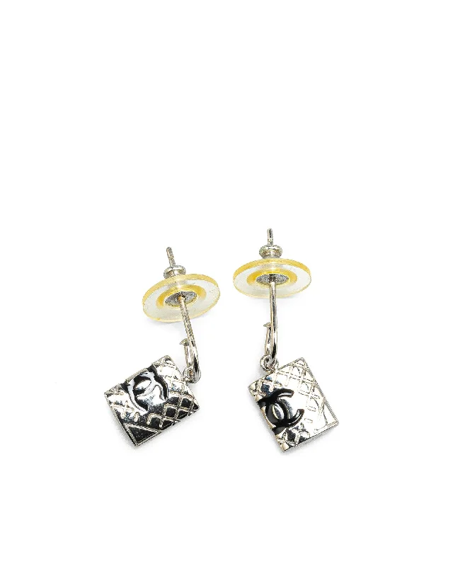 Silver Tone CC Logo Pushback Earrings