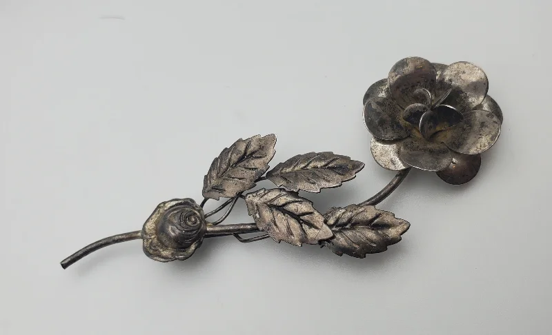 Vintage Sterling Silver Intricate Three-Dimensional Rose Brooch