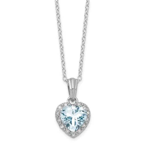 Sterling Silver Genuine Aquamarine Heart and Diamond Necklace