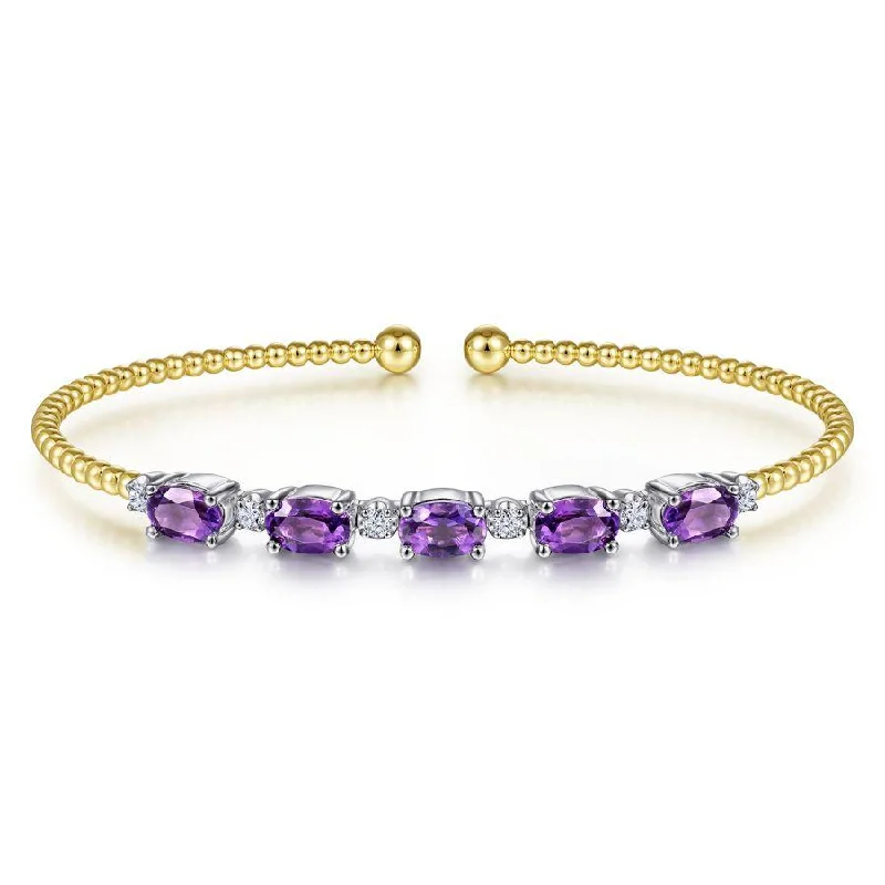 Gabriel & Co. - BG4448-62M45AM - 14K White-Yellow Gold Bujukan Bead Cuff Bracelet with Amethyst and Diamond Stations