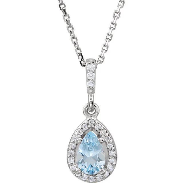 14k White Gold Aquamarine Pear Teardrop & Diamond Halo Necklace