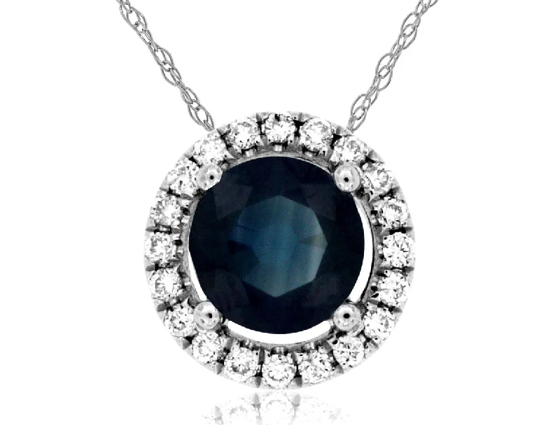 14K White Gold Round Sapphire Diamond Halo Pendant Necklace