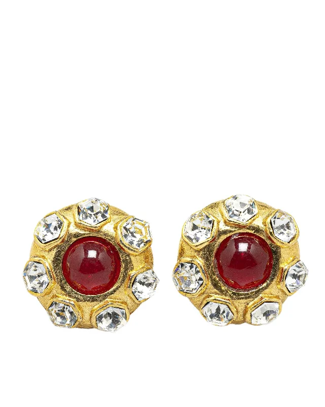 Gold Plated Rhinestone Clip-On Earrings with Red Stone